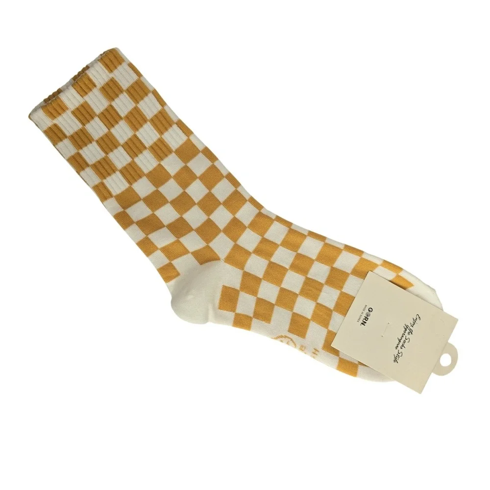 NEW Crew‎ Mustard Yellow White Checkerboard Pattern Ribbed Crew Socks